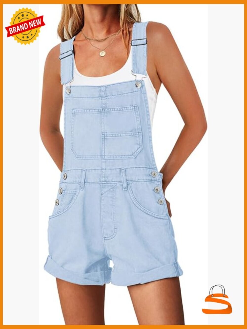 Classic Cuffed Hem Overall Shorts Adjustable Straps Bib Shortall Romper with